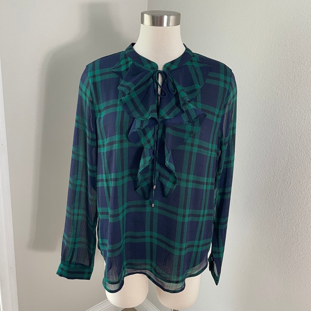 Tommy Hilfiger Womens Large‎ Green Navy Blue Plaid Ruffle Long Sleeve Blouse